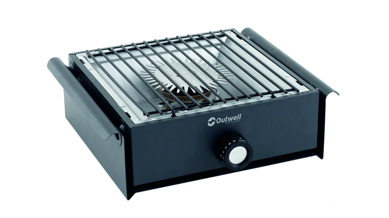 Den lille Blaze gasgrill fylder ikke meget ved opbevaring, men kan stadig rumme mad til to personer. Outwell, campingudstyr, grill, campinggrill