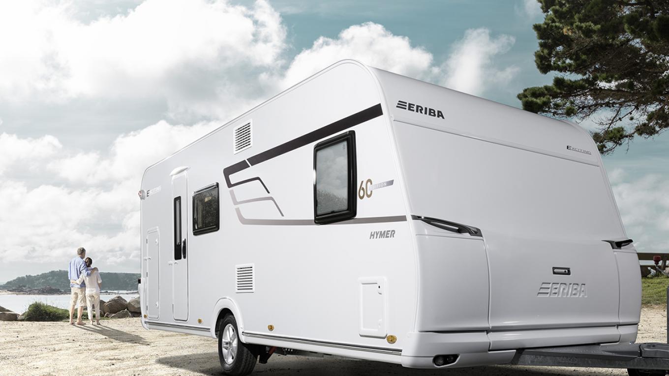 HYMER ERIBA Exciting præsenteres i to 60 års jubilæumsudgaver, her ses model 560. HYMER ERIBA Exciting 560, campingvogn, 60 års jubilæumsmodel, 2017-model