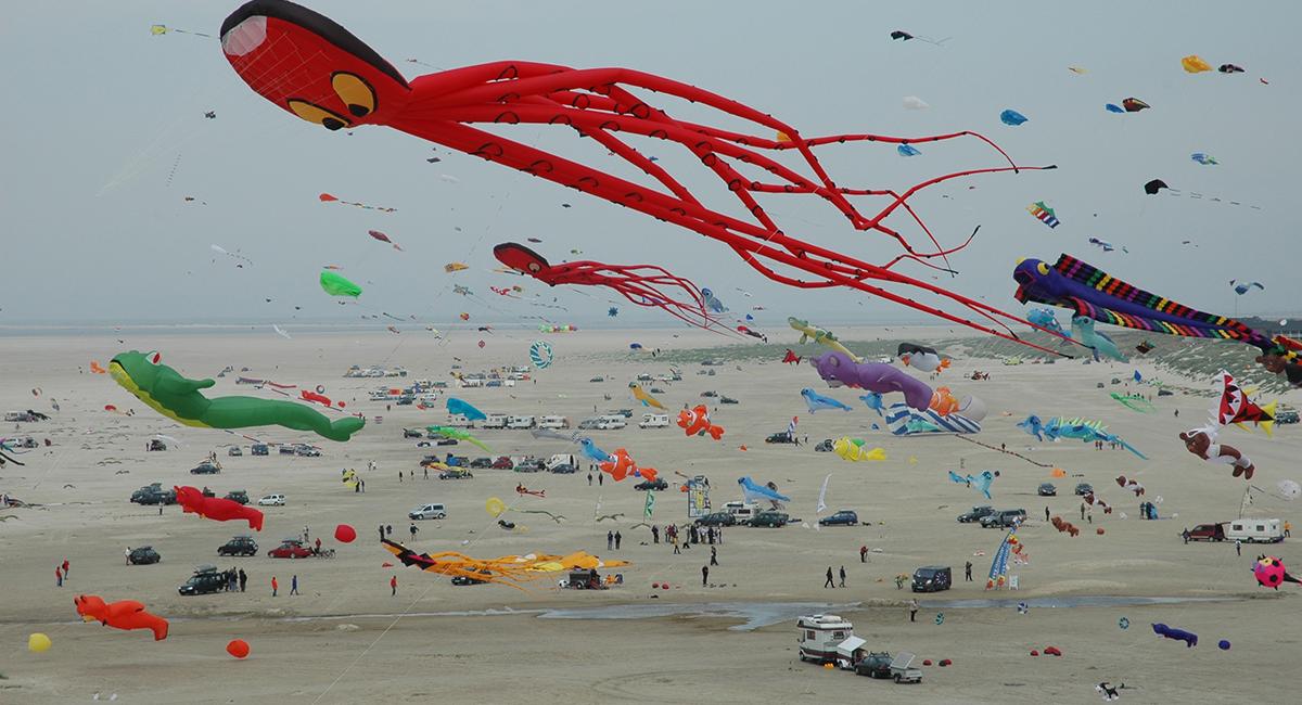 Fanø er vært for verdens største dragefestival i juni måned. Fanø dragefestival, dragetræf, International Kite Fliers Meeting, dragebyggere