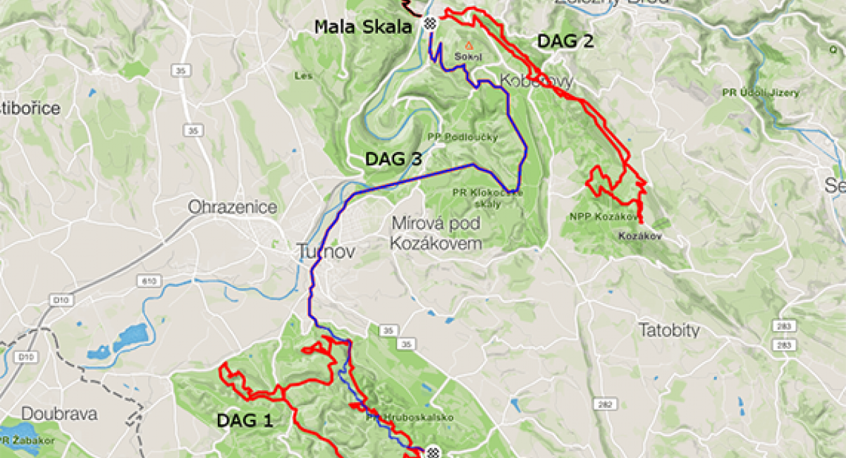 De tre ruter tegnet ind på kort. Det bøhmiske paradis, Tjekkiet, mountainbike, ruter på kort