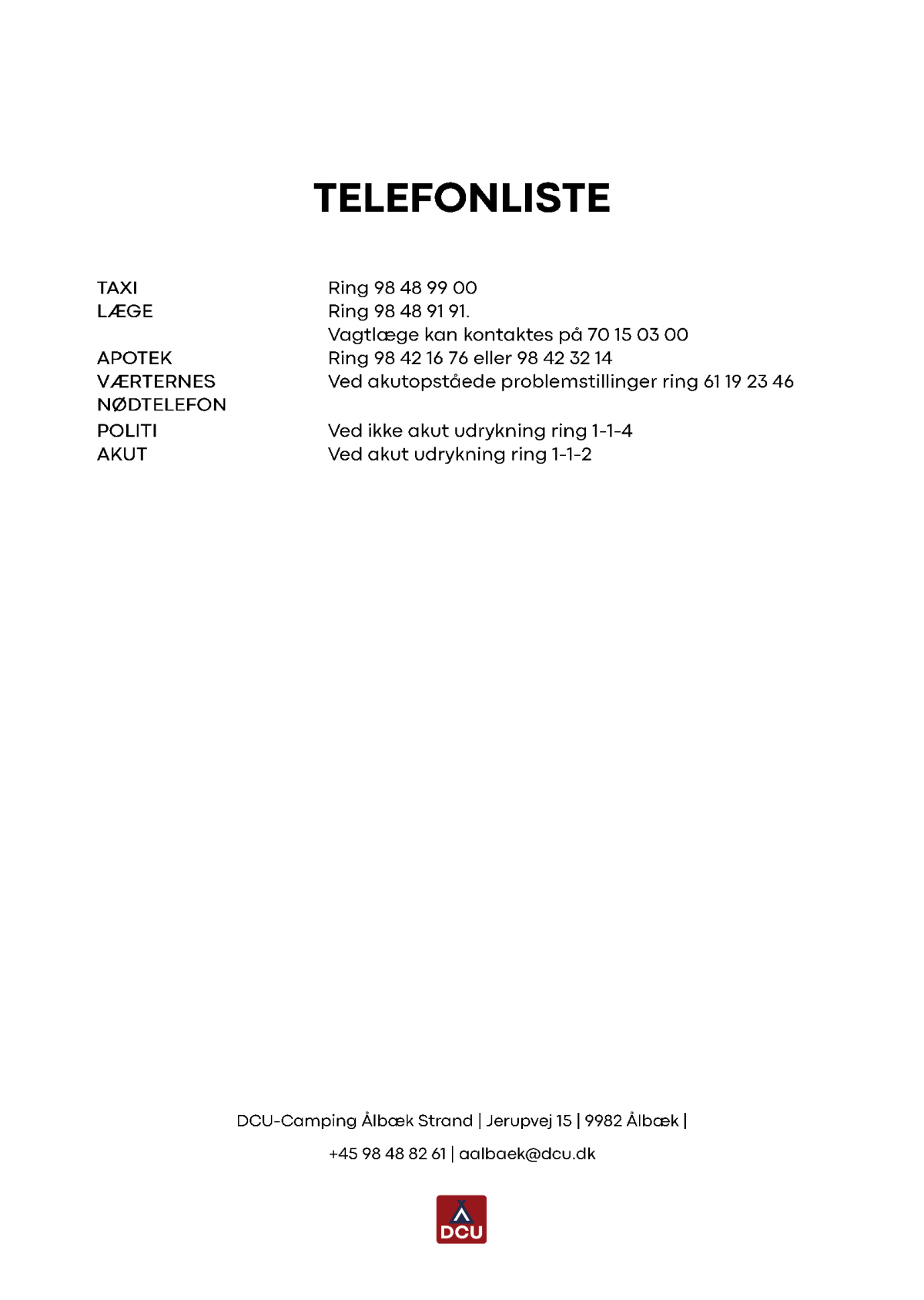 DCU-Camping Ålbæk Telefon